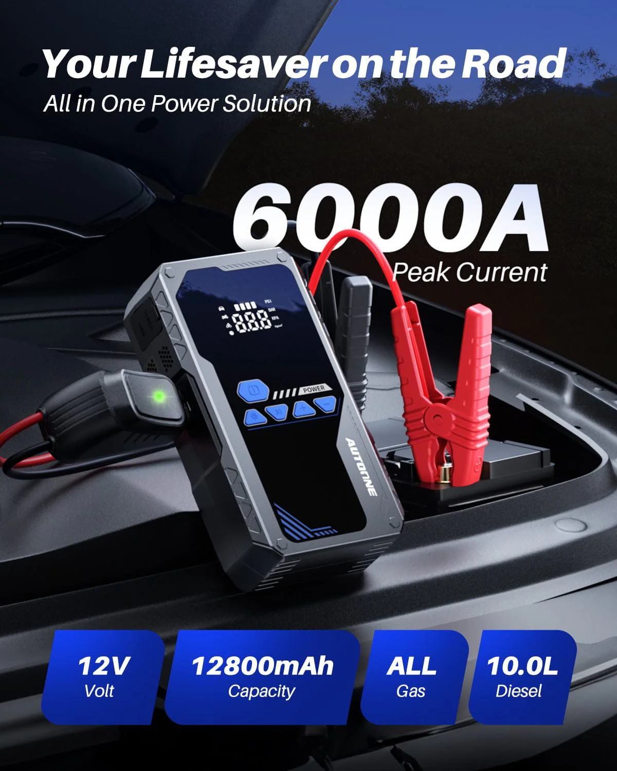 AUTOONE 6000A Jump Starter with Air Compressor (All Gas/10L Diesel), 150PSI Car Jumper Starter Portable, Jump Box Tire Inflator with LED Flashlight, LCD Display, Storage Case - Image 2