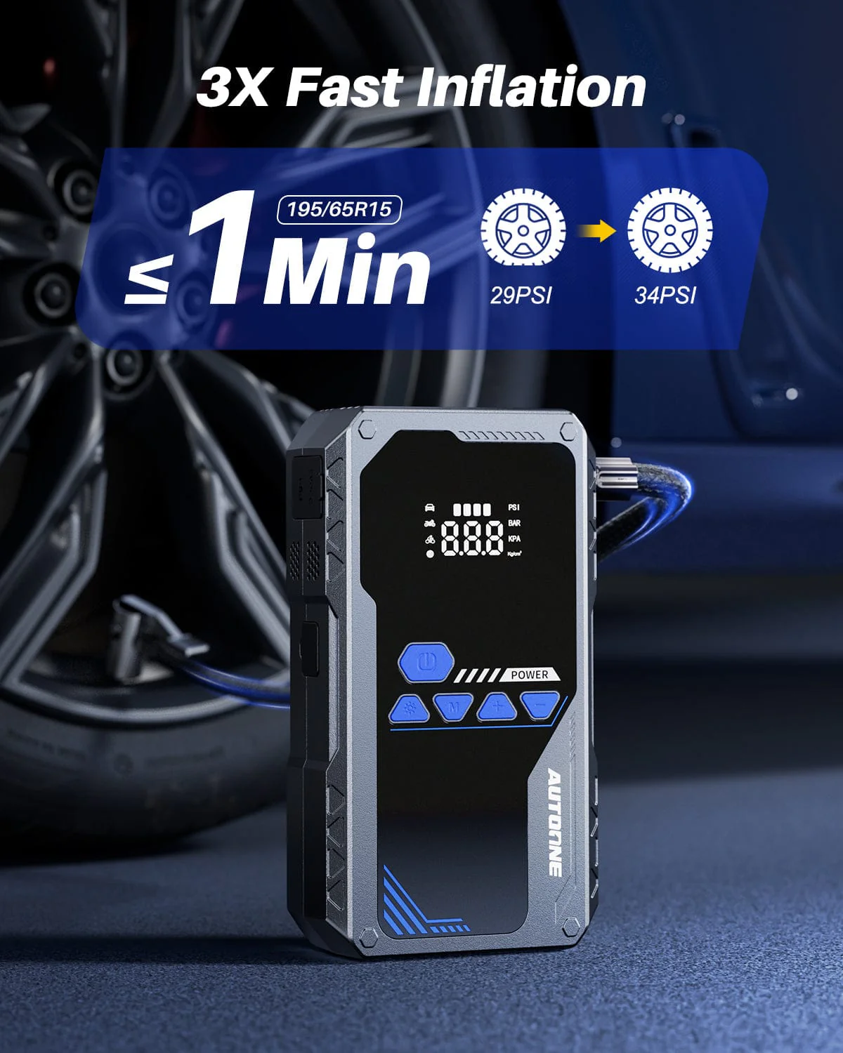 AUTOONE 6000A Jump Starter with Air Compressor (All Gas/10L Diesel), 150PSI Car Jumper Starter Portable, Jump Box Tire Inflator with LED Flashlight, LCD Display, Storage Case - Image 3